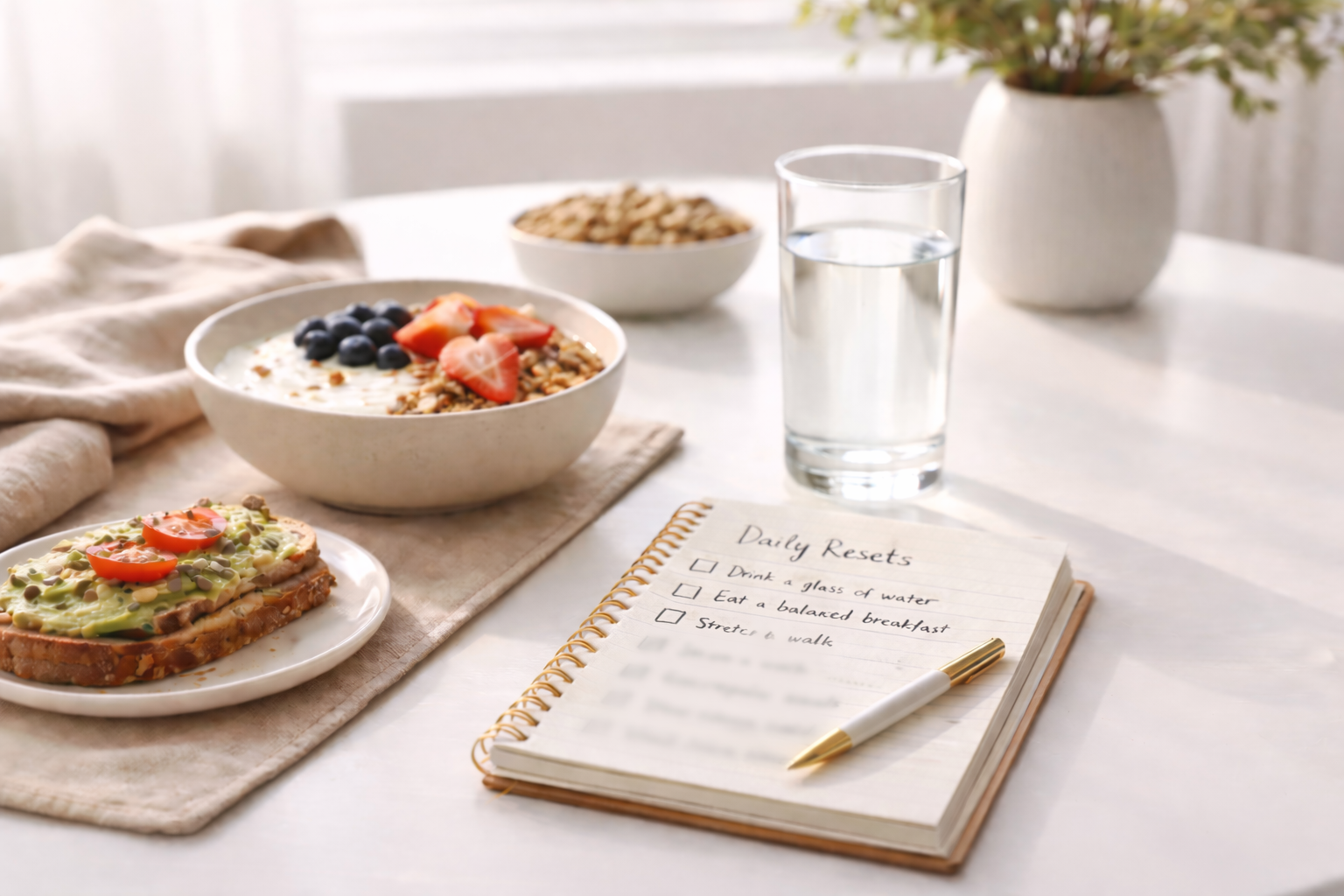 Calm morning reset scene with water, breakfast, and a simple daily checklist